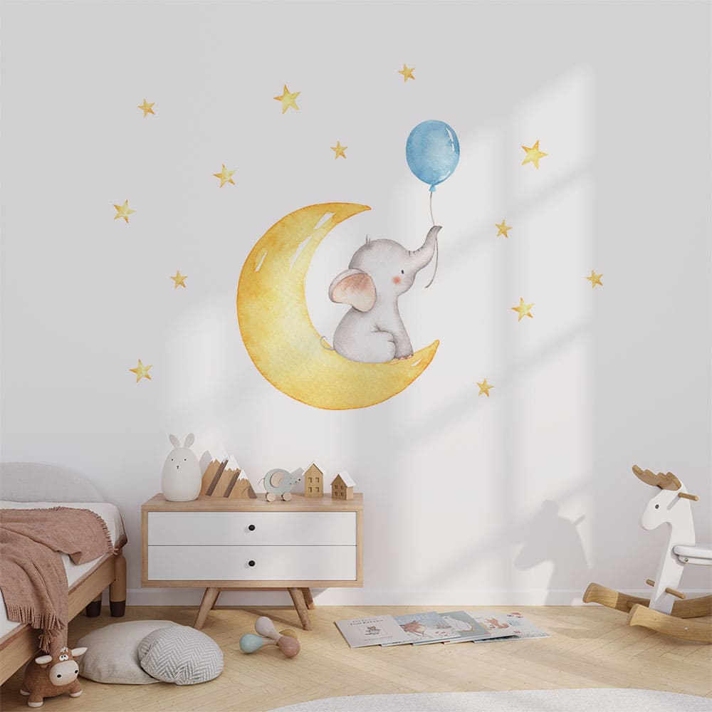 Elefant & Mond Aquarell Wandtattoo #121